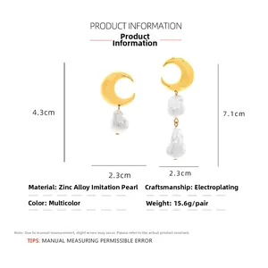 Detailed size and material specs for asymmetric moon and baroque pearl drop earrings