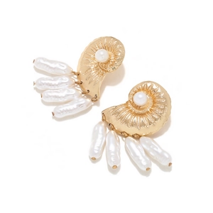 Gold shell drop earrings with white baroque pearls in a coastal vacation style
