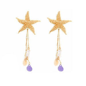 Golden starfish and seahorse tassel earrings with shells for a vintage ocean vacation look
