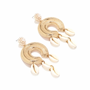 Bohemian C-shaped gold textured earrings with white pearls and hanging shell charms