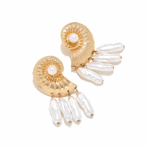 Golden conch shell drop earrings with white baroque pearls for beach vacation style