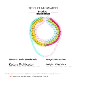 Detail view of colorful layered resin bead necklace with metal chain length specifications