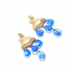 Handmade beaded fishtail earrings with golden fan base and dark blue waterdrop beads
