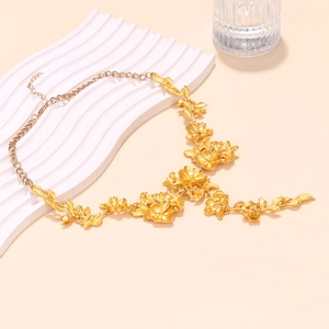 Vintage gold matte floral statement necklace with 3D layered flowers and leaf chain