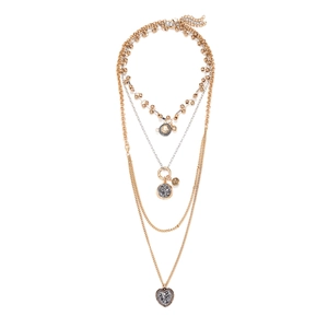 Layered Necklace Zinc Alloy Heart And Coin Pendants Rhinestone Accents Vintage Style Statement Jewelry For Women