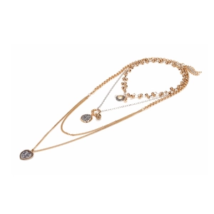 Retro multi-layer layered necklace with heart and marble coin pendants in gold and silver