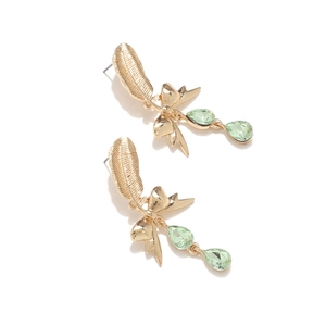 Long layered feather and ribbon bow drop earrings with light green waterdrop stones