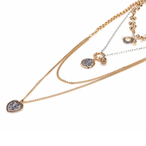 Vintage multi-layer layered necklace with heart and coin pendants in gold and silver finish