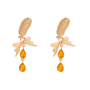 Elegant gold layered feather earrings with bow accents and amber teardrop stones