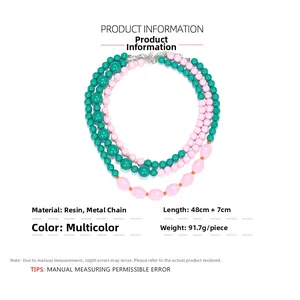 Detailed view of multilayer colorful macaron resin beads necklace with lobster clasp