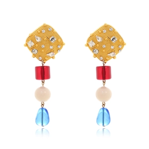 Elegant geometric long drop earrings with colorful resin beads and crystal-set gold squares