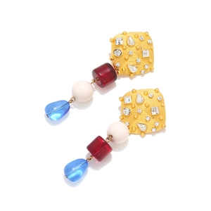Vintage long drop earrings with gold-plated alloy, sparkling rhinestones and colorful beads