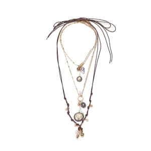 Bohemian Multi-layer Necklace For Women With Faux Artificial Pearl Coin Pendant Wax Cord Gold Alloy Chain Retro Ethnic Style
