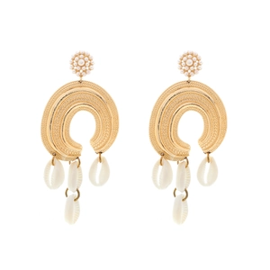 Bohemian C-shaped gold earrings with white bead clusters and natural cowrie shell tassels
