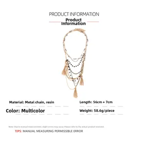Detail of multi-strand beaded necklace featuring resin stones and golden metal tassels