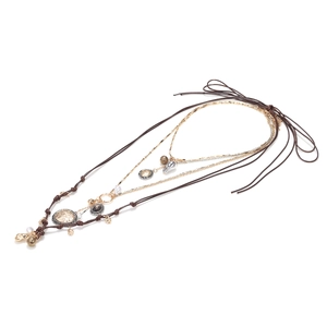 Multi-layer necklace with vintage coins and faux pearls on leather and gold chain