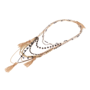 Bohemian multi-layer beaded tassel necklace with gold chains and black beads for women