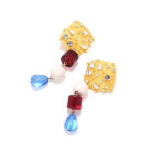 Elegant long resin drop earrings with gold textured squares and sparkling crystals