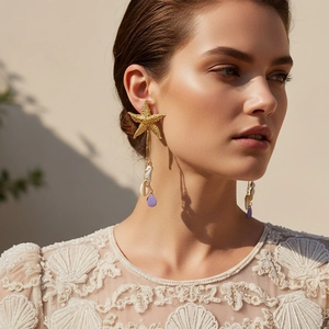 Gold Alloy Starfish Seahorse Shell Tassel Drop Earrings With Stainless Steel Earring Post For Women Beach Vacation