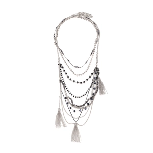 Bohemian multi-layer beaded necklace with silver chain tassels and waterfall fringe