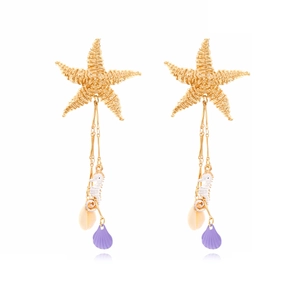 Gold starfish and seahorse tassel earrings with white shell pendants for summer vacation