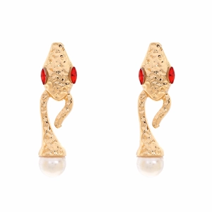 Artistic gold snake earrings with red crystals, hammered metal and faux pearls