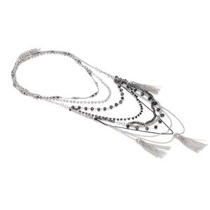 Multi-strand waterfall fringe necklace with dark faceted beads in silver-tone metal