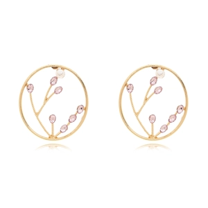 Vintage gold earrings with pink crystal flowers and pearl accents on white background
