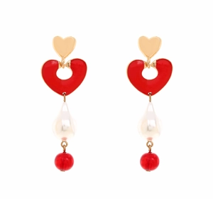 Baroque pearl drop earrings with red heart enamel and gold finish for women