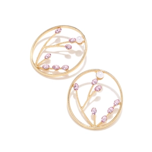 Vintage gold oval earrings with flower branch, pink crystal and pearl inlay for women