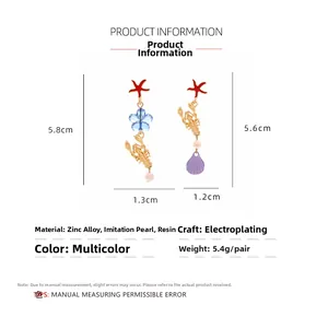 Detailed technical diagram of ocean-themed earrings showing dimensions and material specs