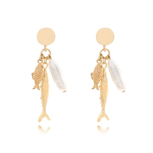 Artificial Baroque Pearl Fish Dangle Earrings Gold Plated Zinc Alloy With Stainless Steel Earring Post Ocean Theme For Women
