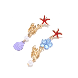 Creative marine lobster and starfish enamel drop earrings in vintage gold alloy finish