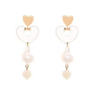 Baroque pearl heart drop earrings with gold-plated finish on a white background