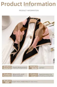 Detail of camellia pattern on herringbone polyester triangle scarf for women