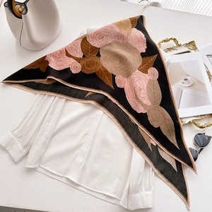 Elegant vintage camellia herringbone velvet triangle scarf with rose floral print