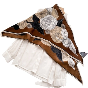Brown herringbone velvet shawl with camellia floral print and contrast border