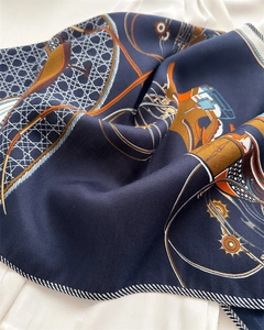 Detail of herringbone velvet shawl featuring vintage carriage prints and striped edges