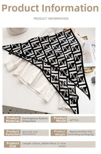 Detail view of herringbone velvet triangle scarf with black and white geometric print
