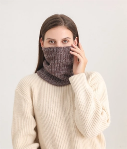 Close-up of thick ribbed knit neck warmer in coffee and grey blend for winter warmth
