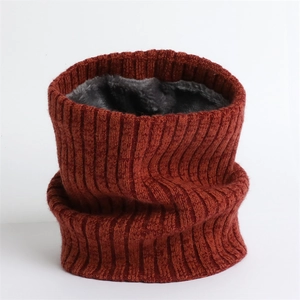 Winter chunky ribbed knit neck warmer with plush fleece lining in caramel red color