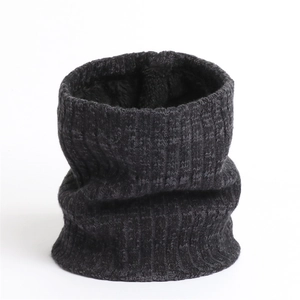 Detail of dark grey ribbed knit snood scarf with thick black thermal fleece lining