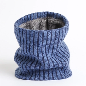 Detail of ribbed knit neck warmer featuring thick gray faux fleece lining for winter warmth