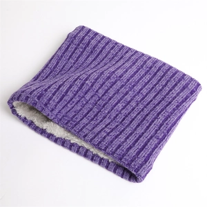 Close-up of purple ribbed knit neck gaiter with thick white sherpa fleece lining