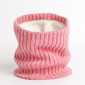 Pink ribbed knit neck warmer for winter with thick white fleece lining for warmth