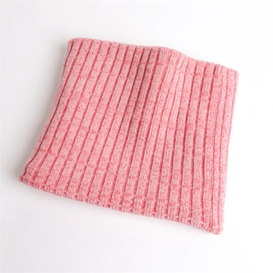 Detailed view of pink ribbed knit neck gaiter with soft elastic texture on white background