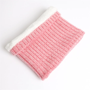 Pink ribbed knit neck warmer featuring thick white faux fleece lining for winter warmth