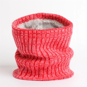Detailed view of red ribbed knit snood scarf featuring thick grey fleece lining for winter