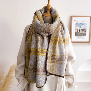 Écharpe bouclée à carreaux écossais gris et jaune, chaude pour l'automne-hiver