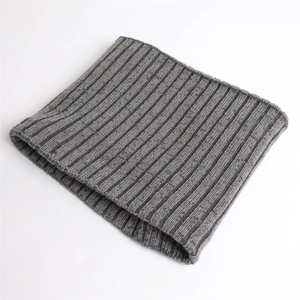 Close-up of grey ribbed knit neck gaiter showing detailed thick winter wool texture